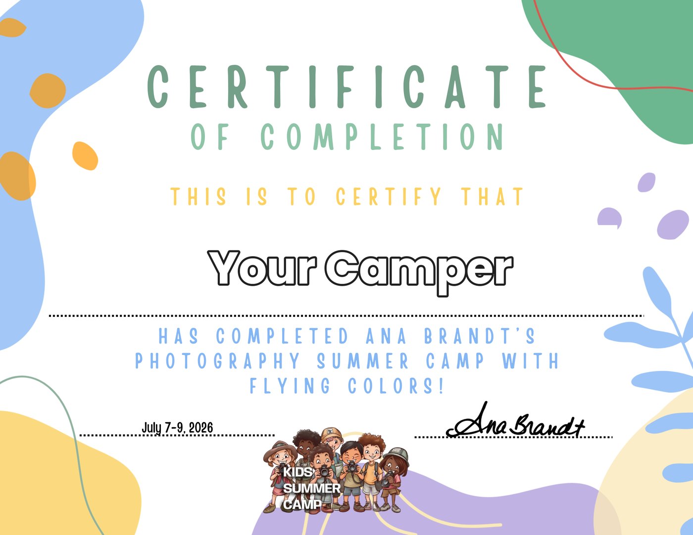 Sample certificate of completion from Ana Brandt's kids photography camp